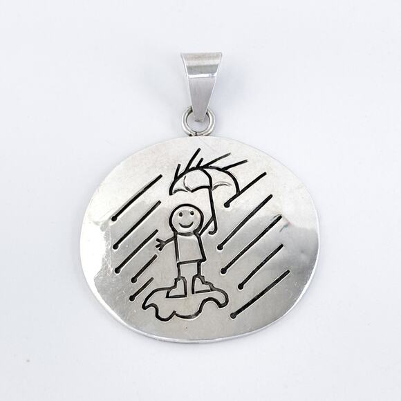 Vintage Mexico Sterling Silver 925 Round Disk Rainy Day Child Pendant - Picture 2 of 8